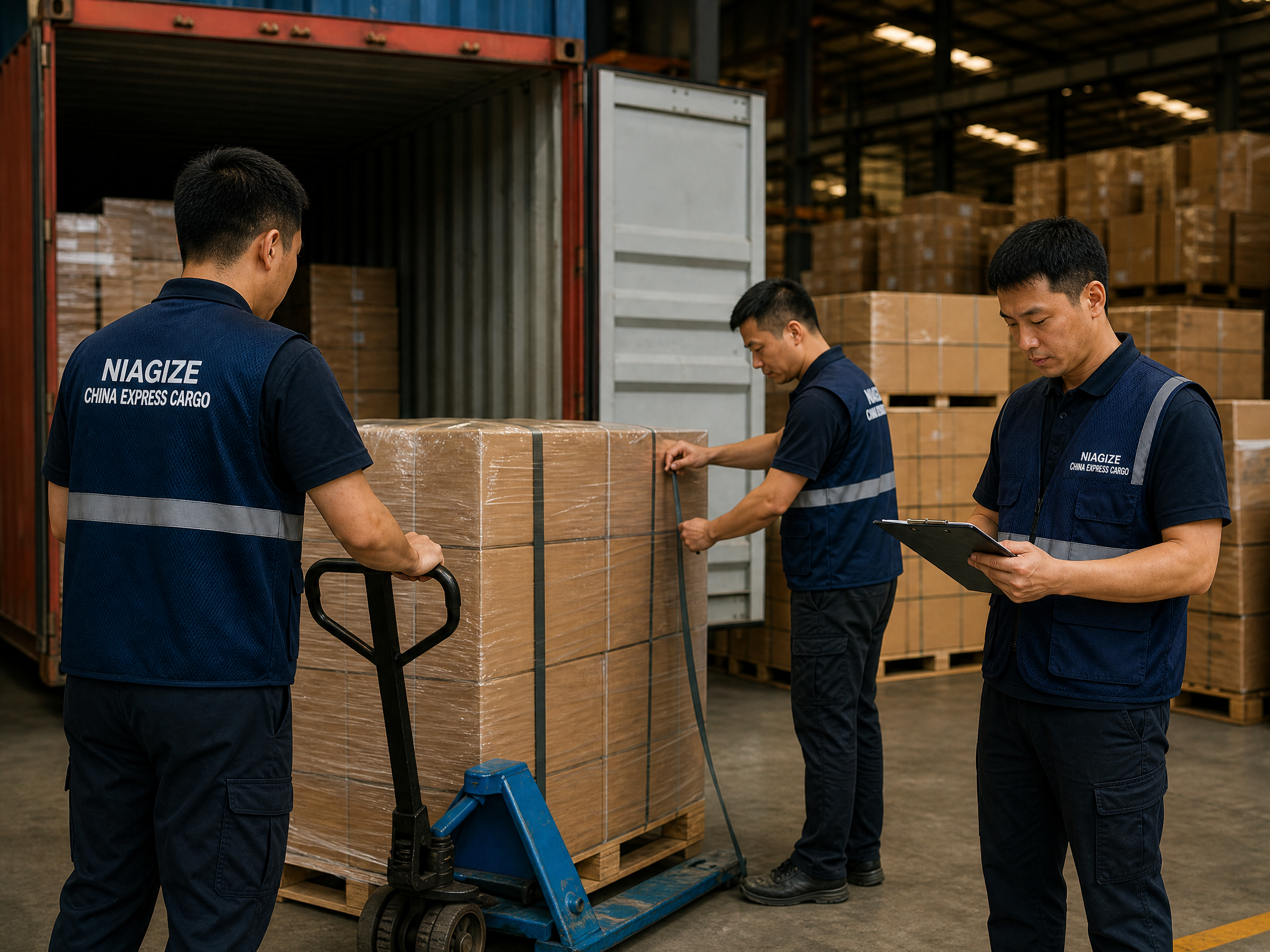Niagize warehouse team preparing palletized cargo beside a shipping container